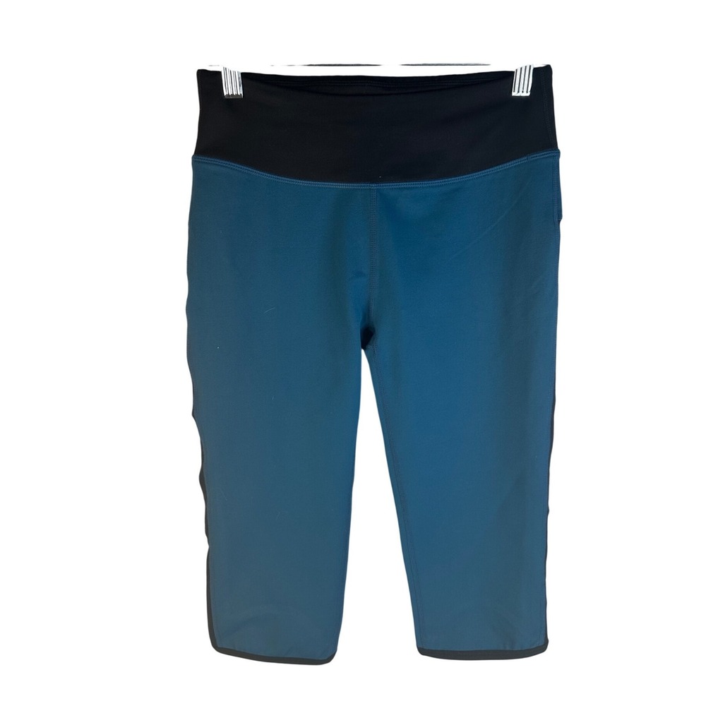 Fabletics Womens Teal Black Mesh‎ Panel Zipper Pocket Capri Leggings XS New!